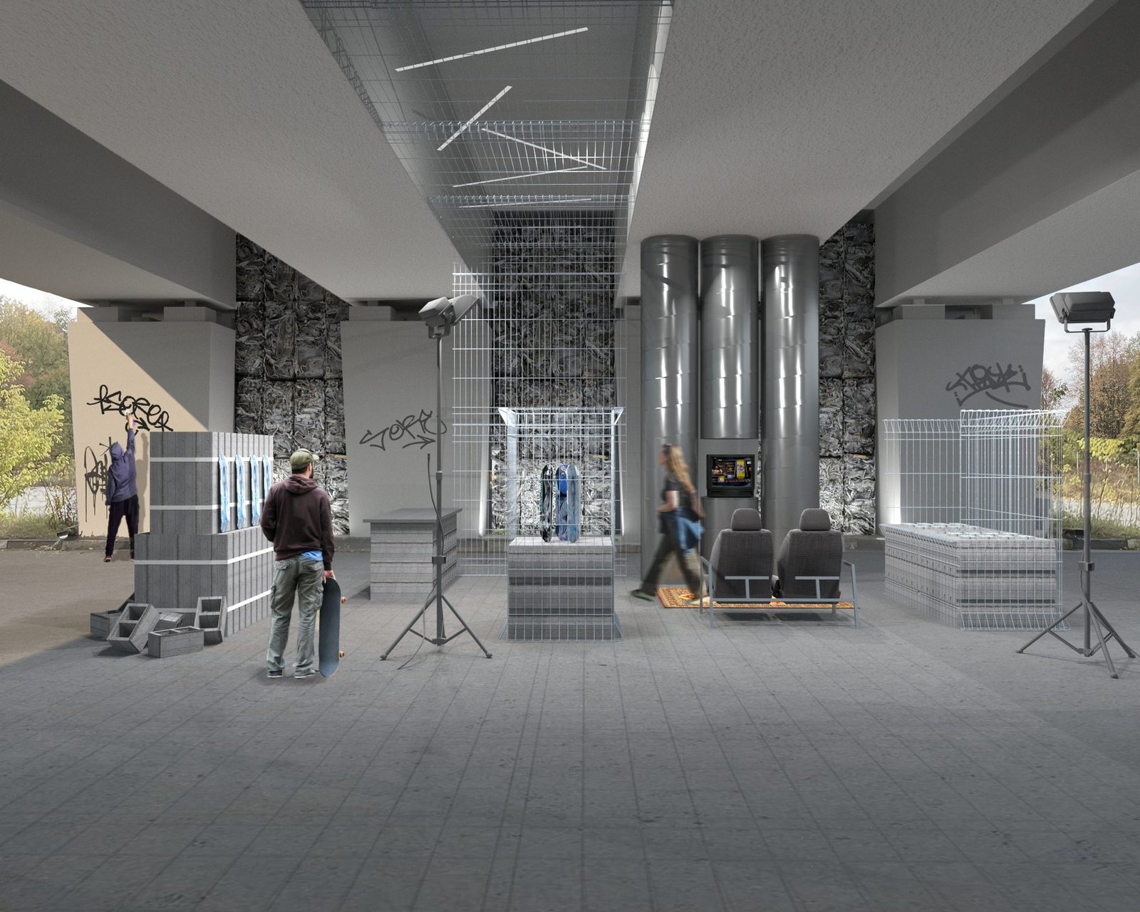 POP UP SHOP — konceptinė erdvė Hajime Sorayama grafikos riedlenčių kolekcijai.