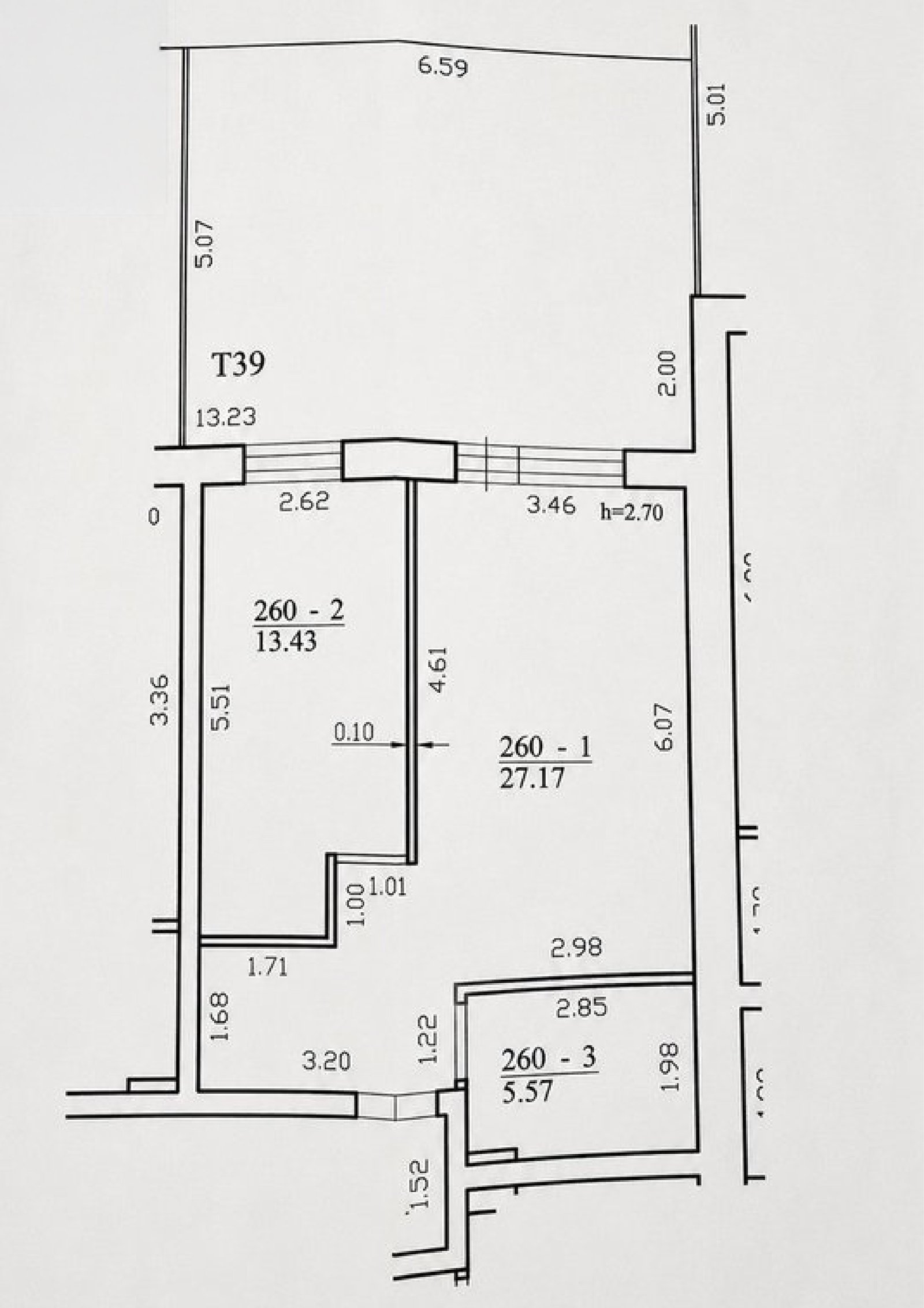 Pradinis kliento suteiktas buto planas su matmenimis ir patalpų numeriais T39, 260-1, 260-2, 260-3.