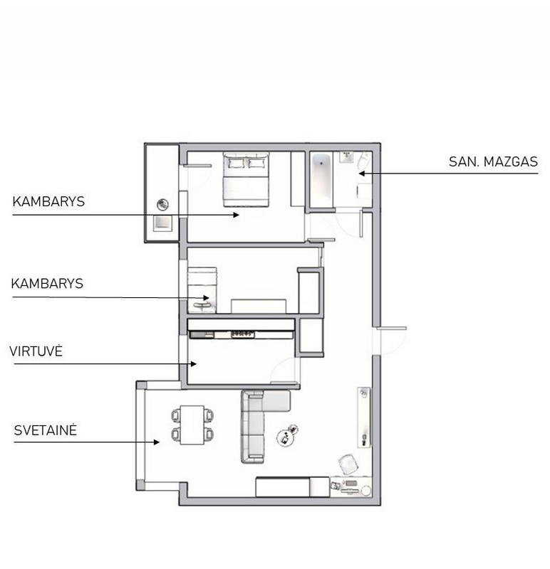 Kliento pateiktas 4 kambarių buto plano eskizas su rodyklėmis, žyminčiomis kambarius, virtuvę, svetainę ir sanitarinį mazgą.